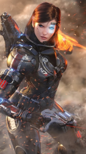 Female warrior from Mass Effect in armor with weapon