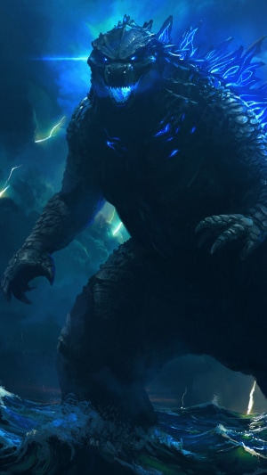 Godzilla in stormy ocean with lightning
