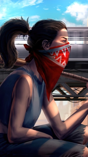 Girl with red bandana and baseball bat