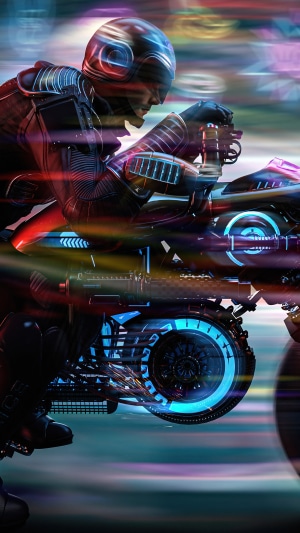 Sci-fi artwork of a person riding a futuristic motorcycle