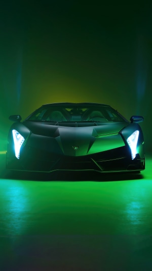 Lamborghini Veneno front view with green lighting