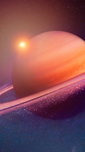 Saturn planet with rings and sun in digital art 4K