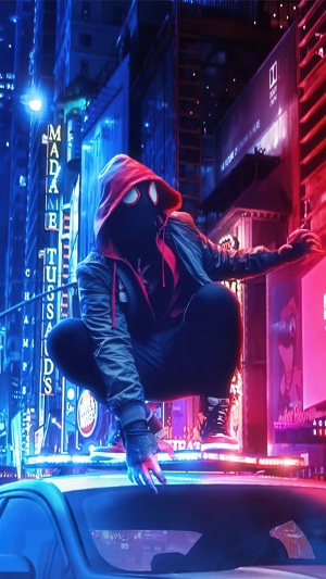 Spider-Man Miles Morales in neon city 4K