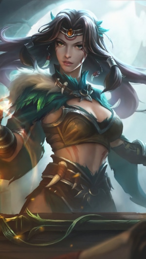Fantasy warrior woman with feathers and fur