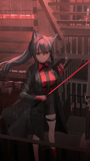 Anime girl with fox ears holding a red lightsaber