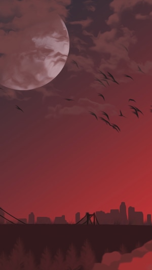 Digital art of a city skyline at sunset with birds flying