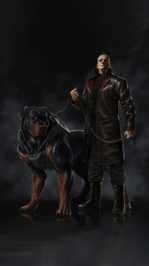 Man with Rottweiler on leash