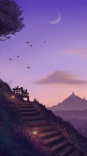 Digital art of a twilight landscape with a crescent moon