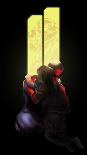 Spiderman comforting a child with the Twin Towers memorial in the background