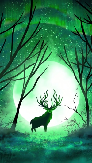 Digital art of a glowing reindeer in a forest under the aurora