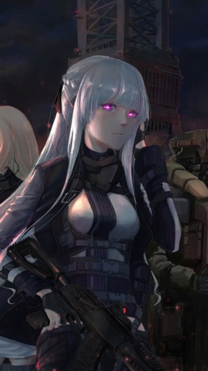 Anime girl with white hair and purple eyes holding a rifle