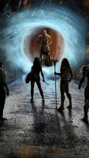 Justice League facing Darkseid through a portal