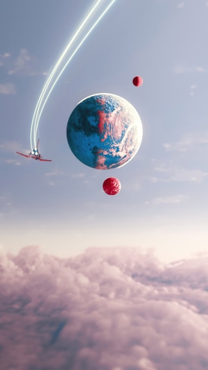 No Man's Sky spaceship flying past planets