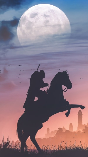 Geralt of Rivia on horseback under the moon