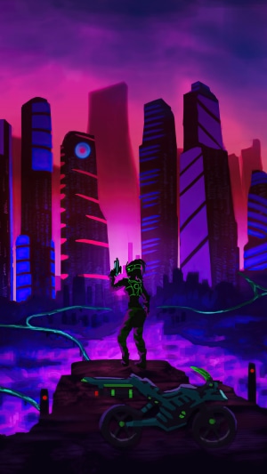 Cyberpunk character with a motorcycle in a neon city