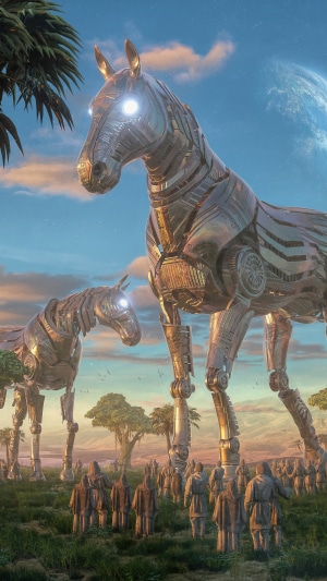 Digital art of robotic horses and statues