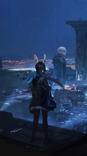 Girl with bunny ears overlooking a futuristic city at night