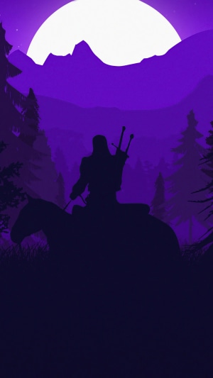 Geralt of Rivia on horseback under a large moon