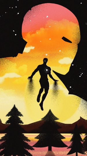 Iron Man flying in front of a sunset sky