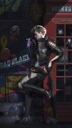 Sci-fi warrior smoking by a red phone booth