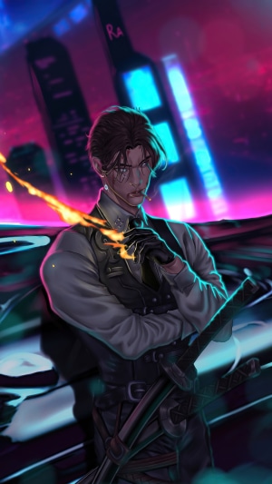 Man with swords and cigarette in cyberpunk city