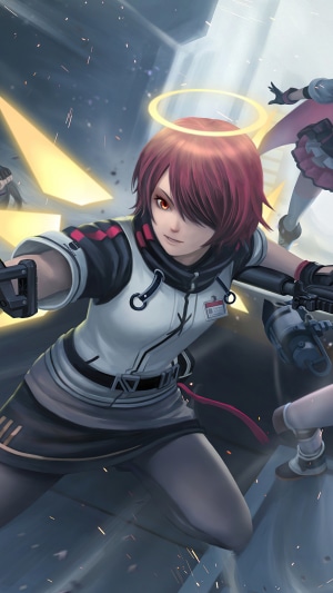 Anime warrior with red hair and halo