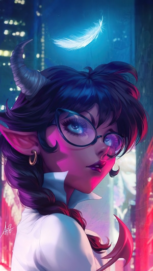 Artwork of a demon girl with glasses
