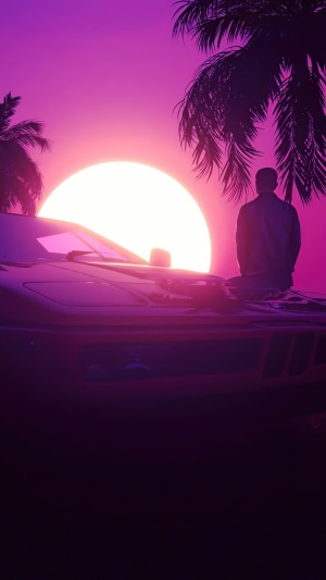 Man on car at sunset with palm trees