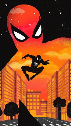 Spiderman leaping between buildings in a city at sunset