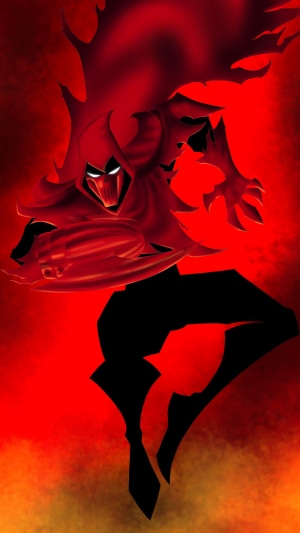 Red hooded figure with glowing eyes and sharp claws
