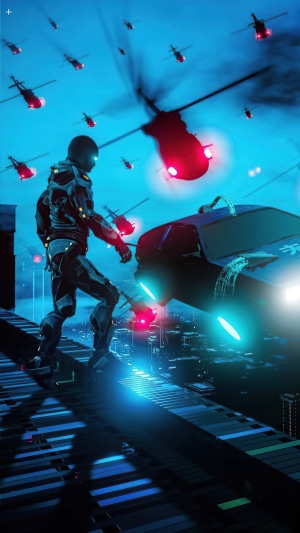 Soldier and helicopters in a futuristic city