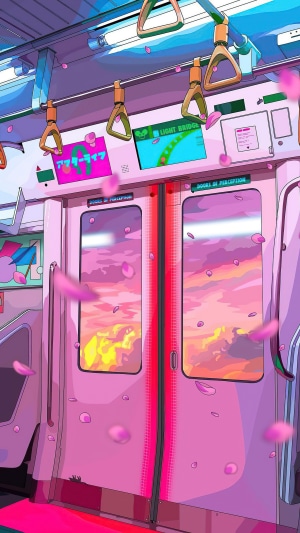 Anime train interior with pink sky and falling petals