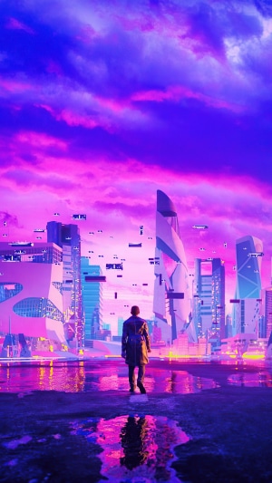 Sci-fi city with a person looking at skyscrapers