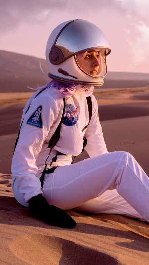 Woman in NASA astronaut suit on sand dunes