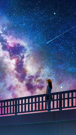 Anime girl looking at a shooting star in the galaxy
