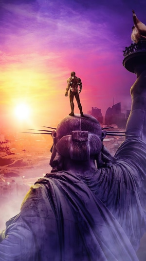 Superhero on Statue of Liberty with Cityscape