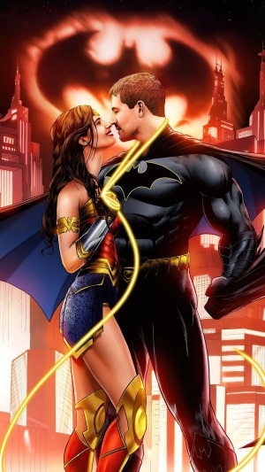 Batman and Wonder Woman in front of Gotham City