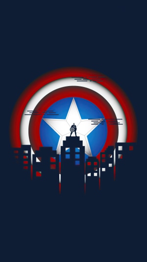 Captain America's shield over a city skyline