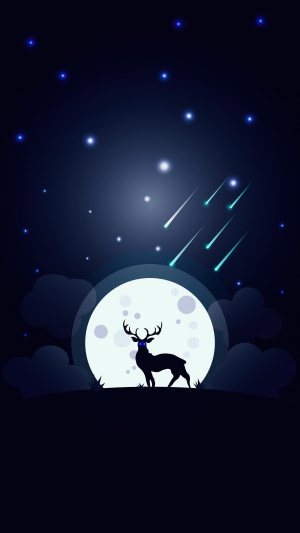 Minimalist deer silhouette against a large moon with shooting stars