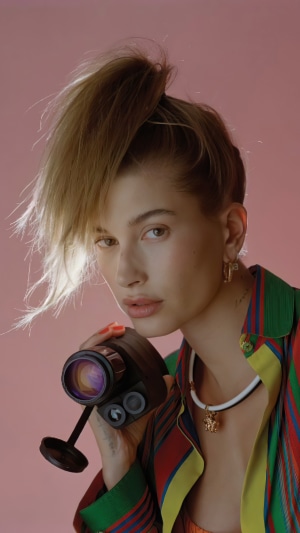 Hailey Baldwin with a vintage camera