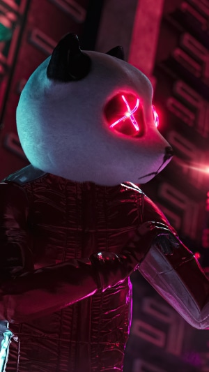 Panda character with neon eyes in a red suit