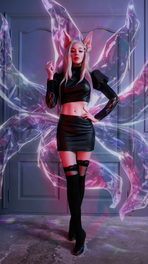 Ahri from League of Legends cosplay with fox ears and tails