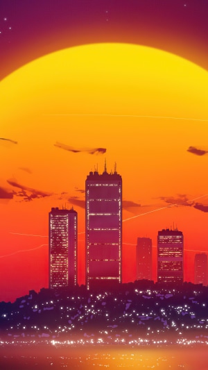 Retrowave cityscape with large sun