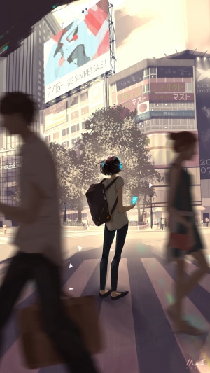 Girl with headphones and phone in city