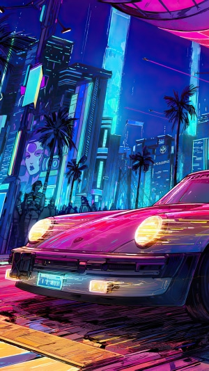 Cyberpunk 2077 artwork of a pink car in a neon city