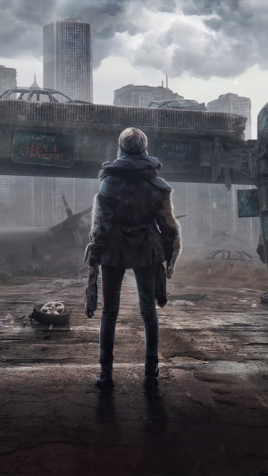 Post-apocalyptic woman with gun in ruined city