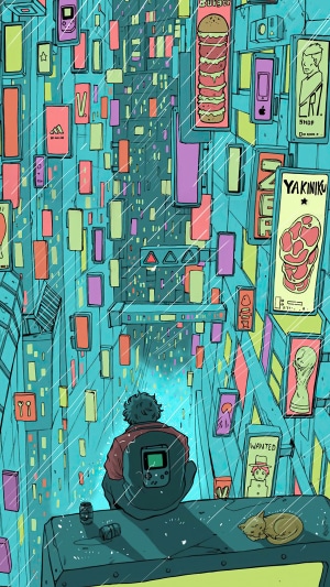 Person sitting in a rainy cyberpunk city with advertisements