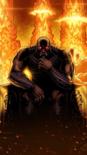 Darkseid sitting on a throne with explosions in the background