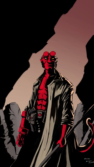 Hellboy standing in a rocky, dark environment
