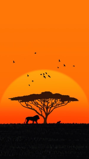 Lion and cub silhouette at sunset